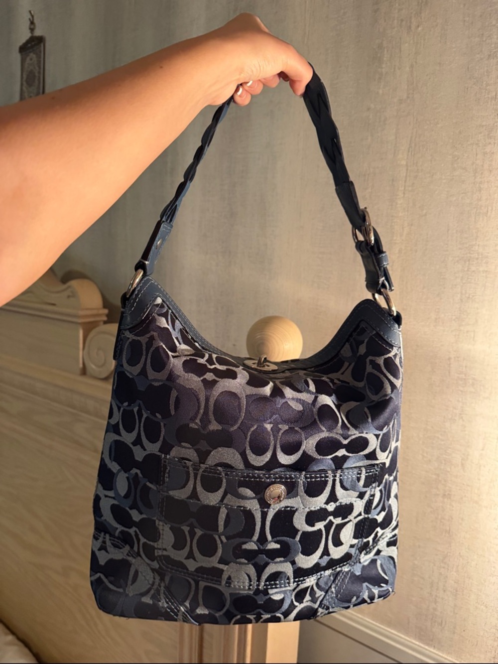 Coach Navy and Silver Signature Shoulder Bag and matching card holder